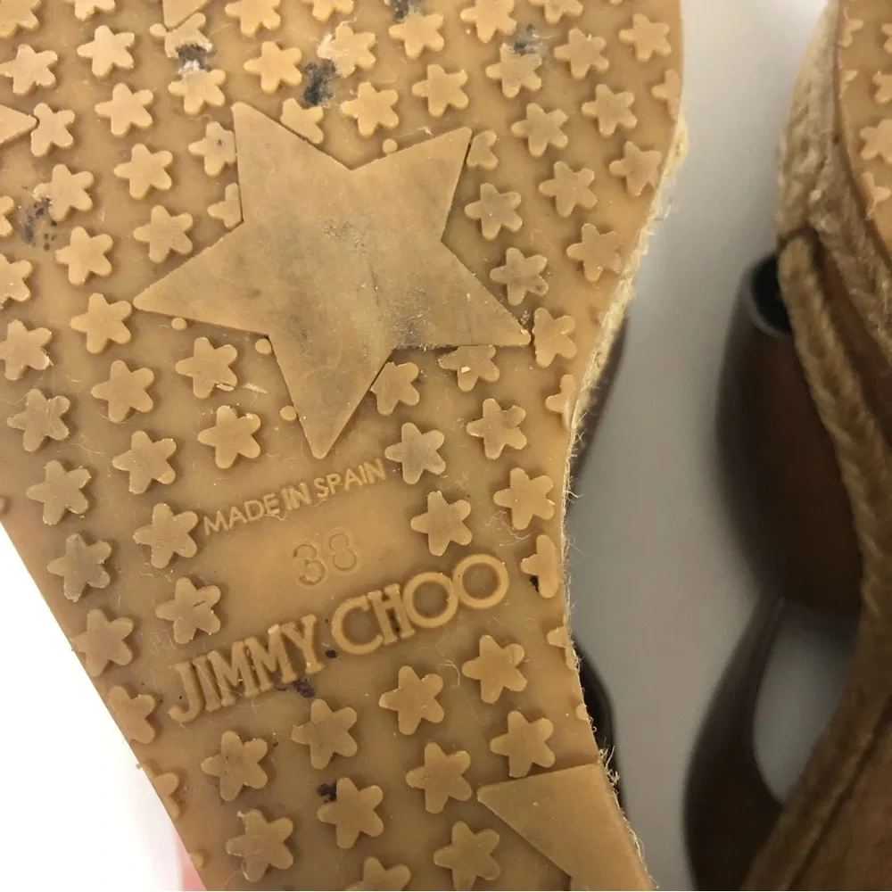 Jimmy Choo Cork Wedge 38 Heels Sandals Camel Brown Leather Strappy Shoes